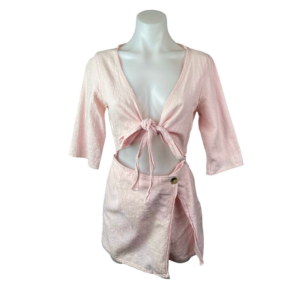 Urban Outfitters Linen Molly Surplice Front Slit Wrap Skort Jumpsuit Romper Sz 2